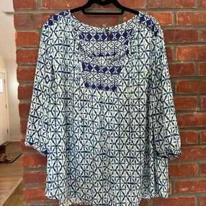 NYDJ Pintuck Blue and White Geometric Blouse